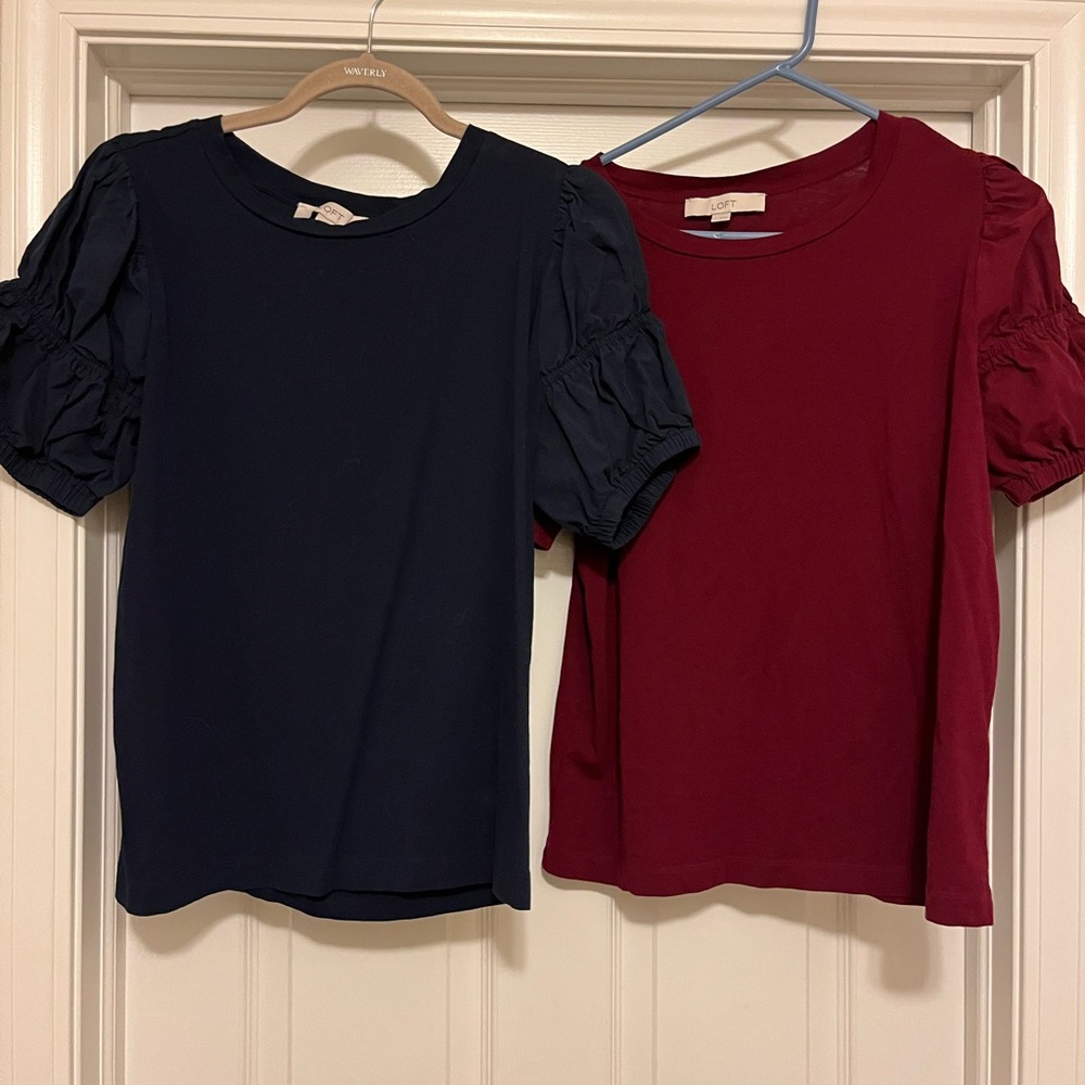 2 Loft Navy and Burgundy Puff Sleeve Tops